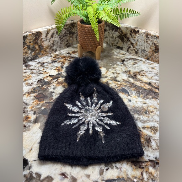 Black Beanie with Sequin Snowflake - Picture 6 of 7